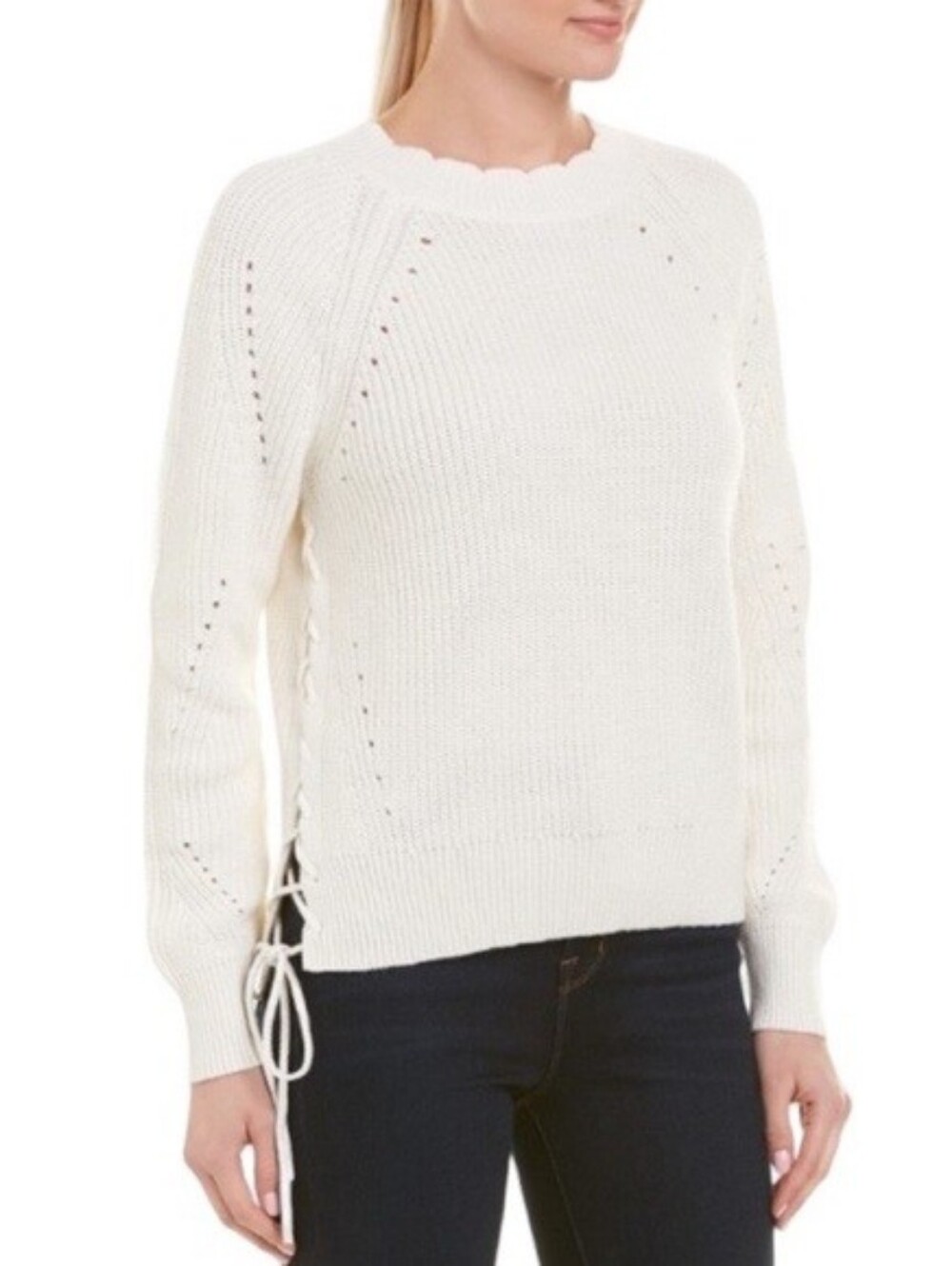 Joie Adanya Lace Up Side Sweater Small Off White Scalloped Neck Cotton Knit